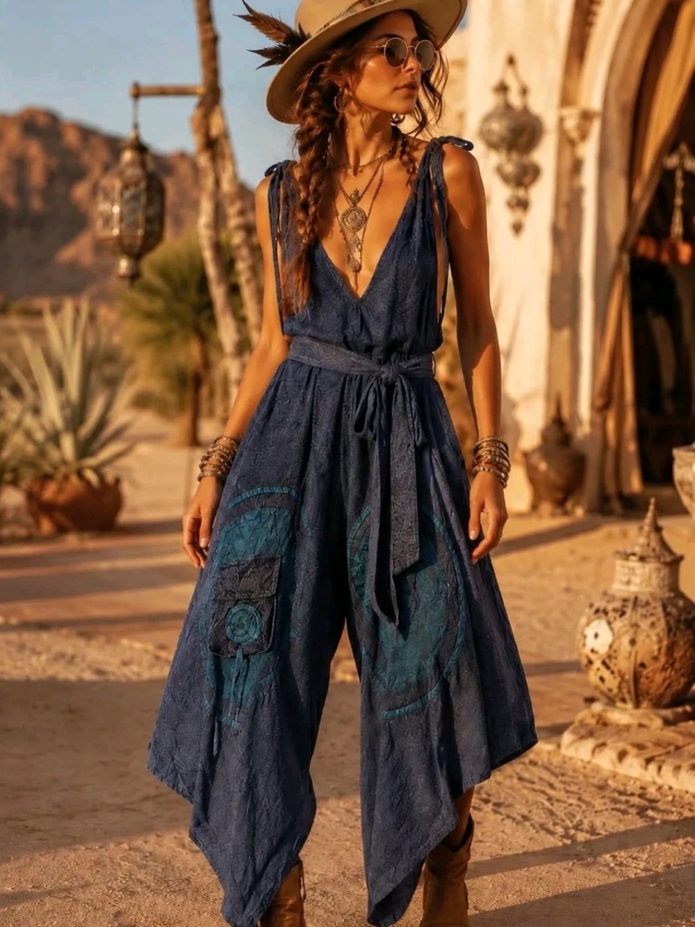 Boho Deep V-Neck Navy Tie-Waist Jumpsuit
